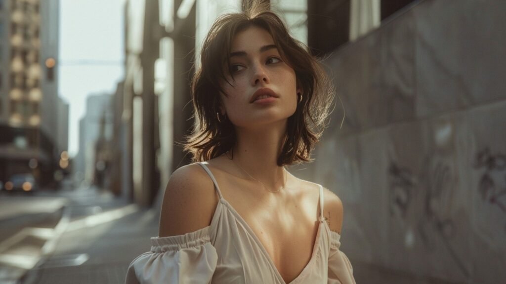 Babydoll top with thin straps styled for a modern city outfit