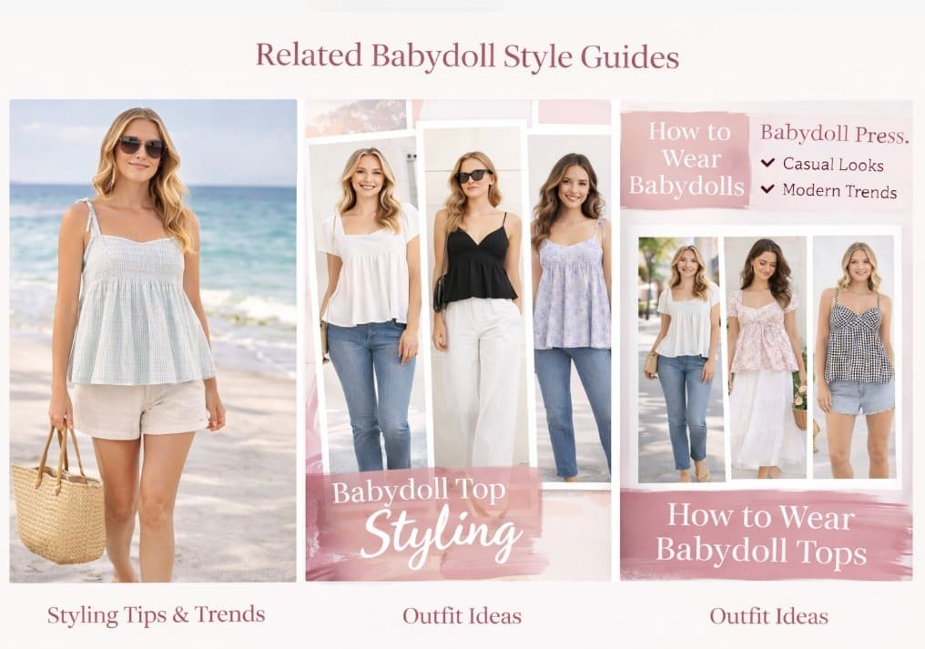Babydoll top style guides collage showing outfit inspiration, styling tips and modern fashion looks with babydoll tops