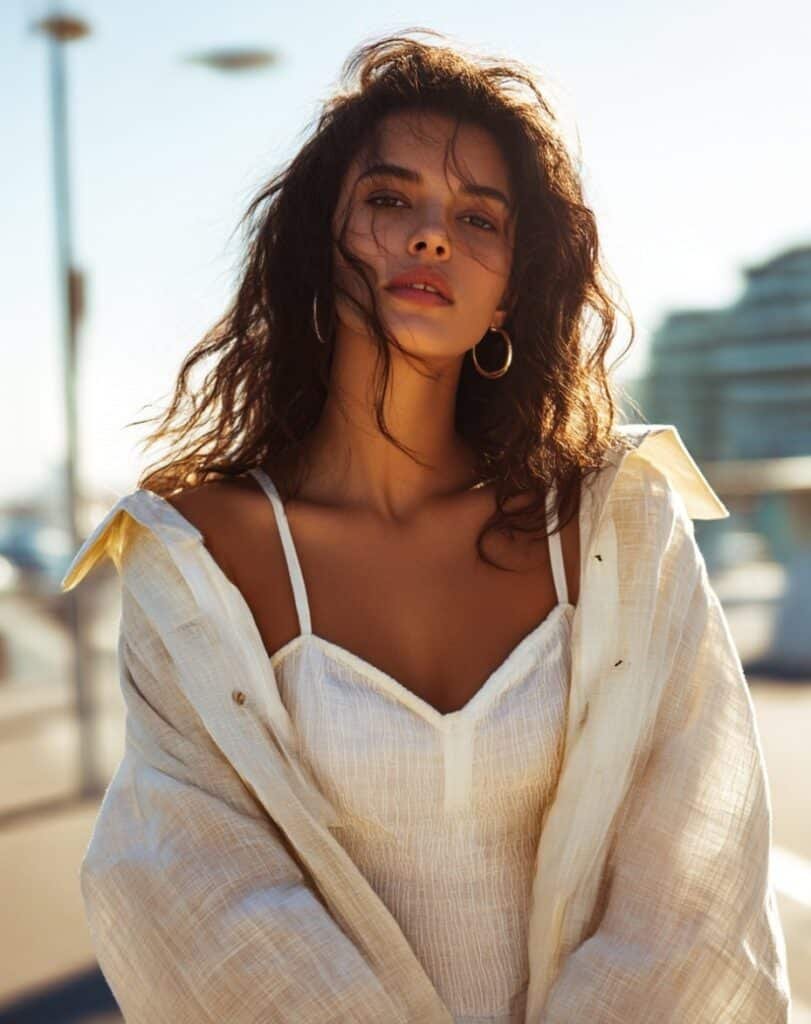 Lightweight babydoll top layered with open shirt in summer