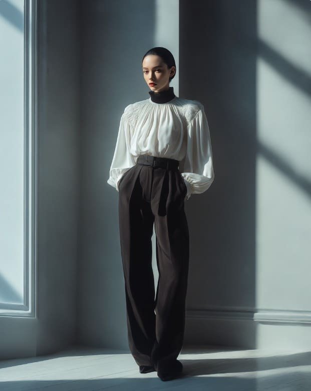 Babydoll top styled with tailored trousers outfit idea