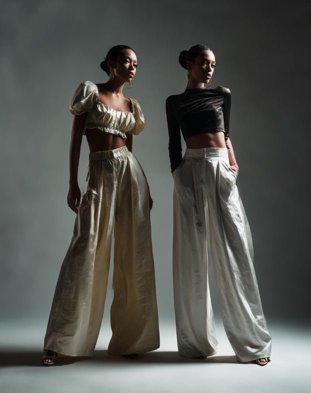 Babydoll top outfit with fitted trousers fashion editorial balance