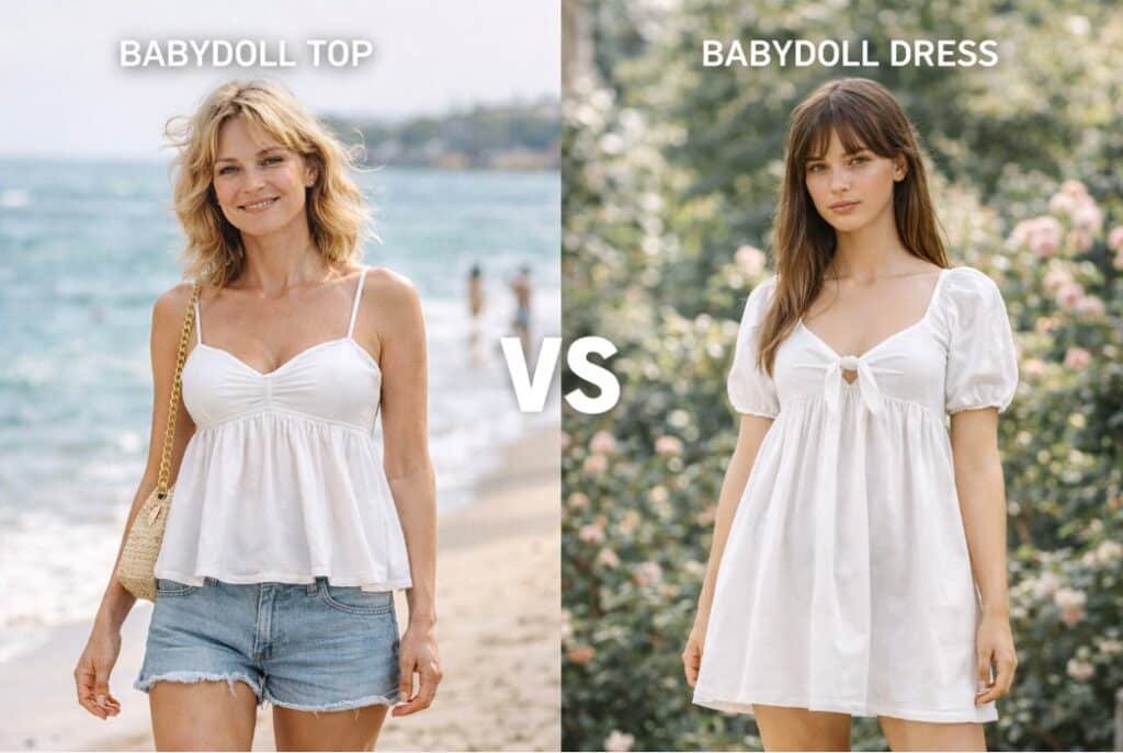 Babydoll top vs babydoll dress comparison showing silhouette, length and styling differences in modern street style outfits