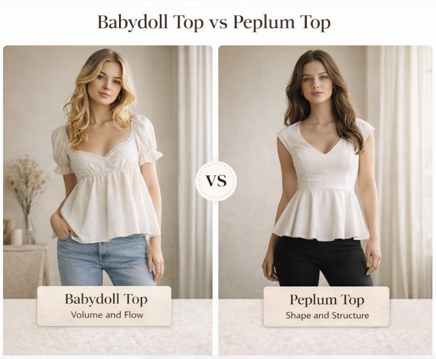 Babydoll top vs peplum top comparison showing loose flowing babydoll silhouette versus structured peplum waistline in modern fashion styling