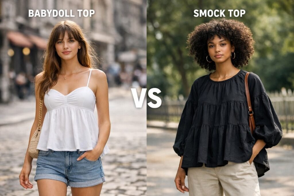 Babydoll top vs smock top comparison – street style outfits showing silhouette, volume and fit differences