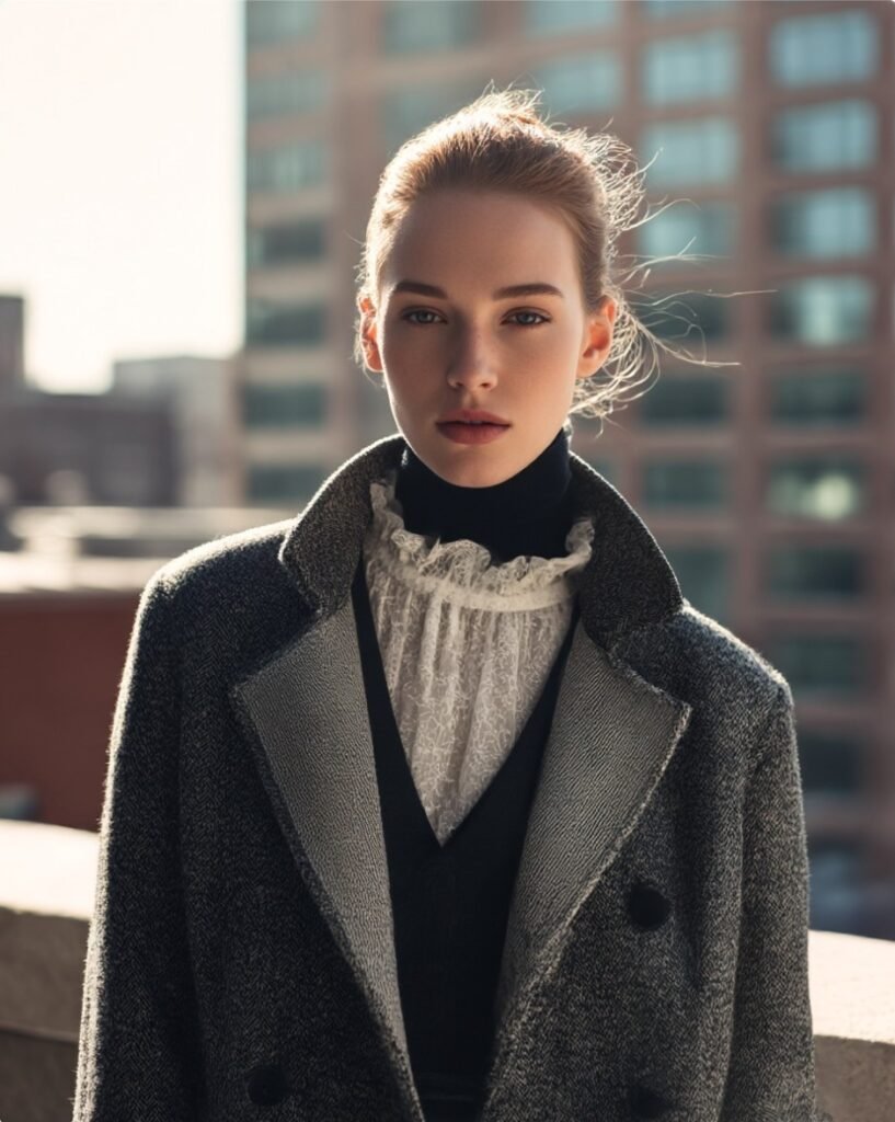 Babydoll top layered with coat and turtleneck winter outfit