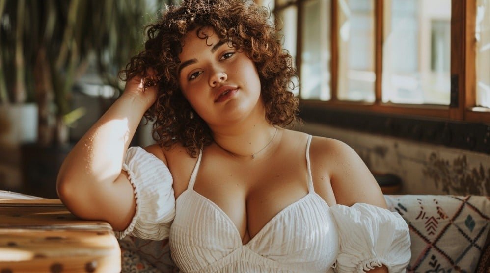 Curvy woman wearing babydoll top with empire waist and flared silhouette fashion editorial look