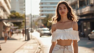 Stylish girl wearing feminine babydoll top with empire waist and flared silhouette fashion editorial look