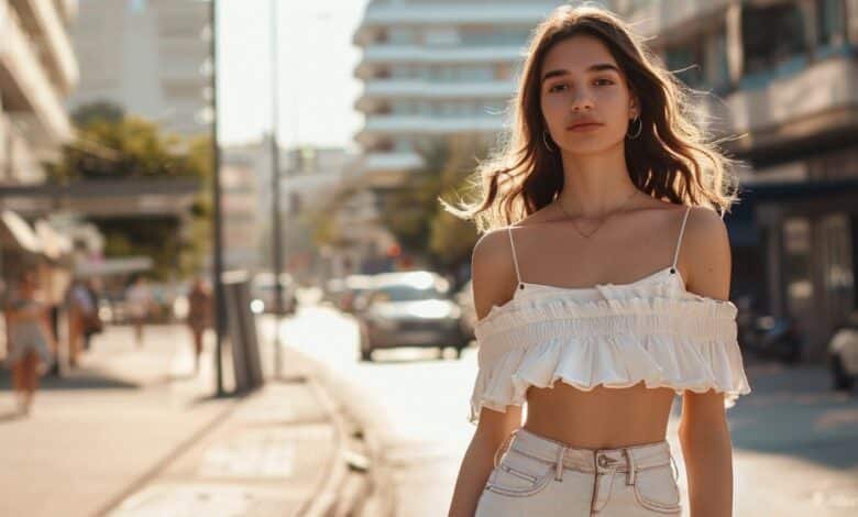 Stylish girl wearing feminine babydoll top with empire waist and flared silhouette fashion editorial look