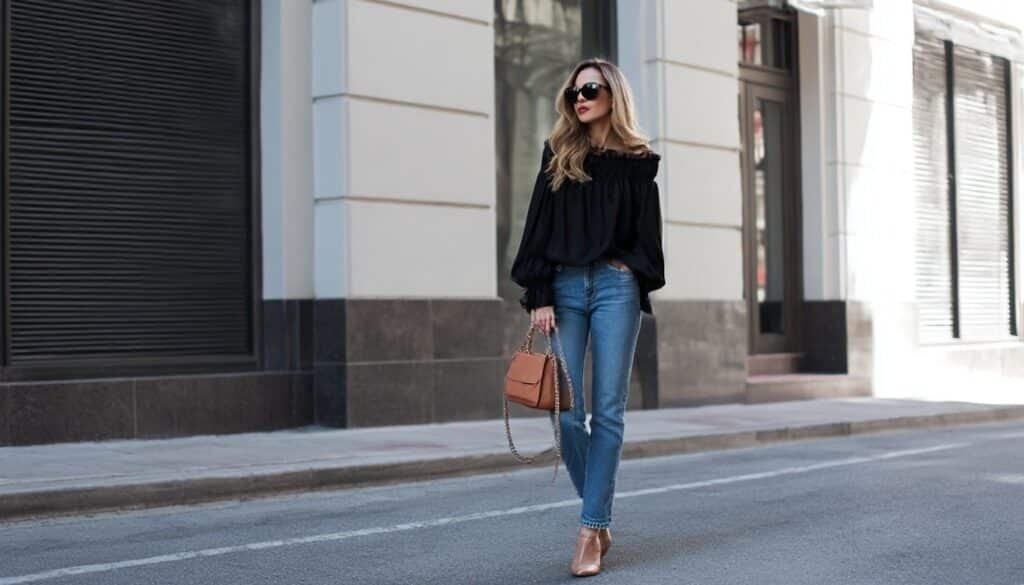 Black babydoll blouse styled with slim jeans and heels for a chic look