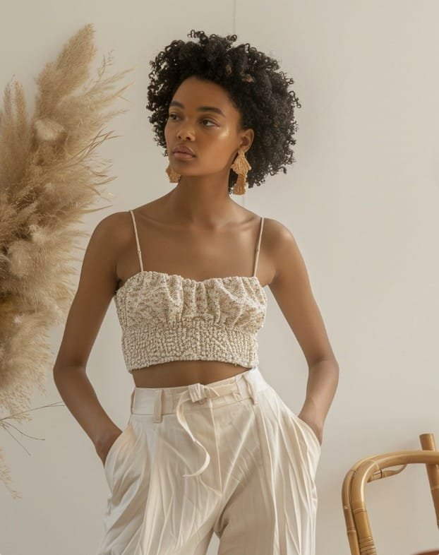 Elegant babydoll top outfit tailored trousers fashion photo