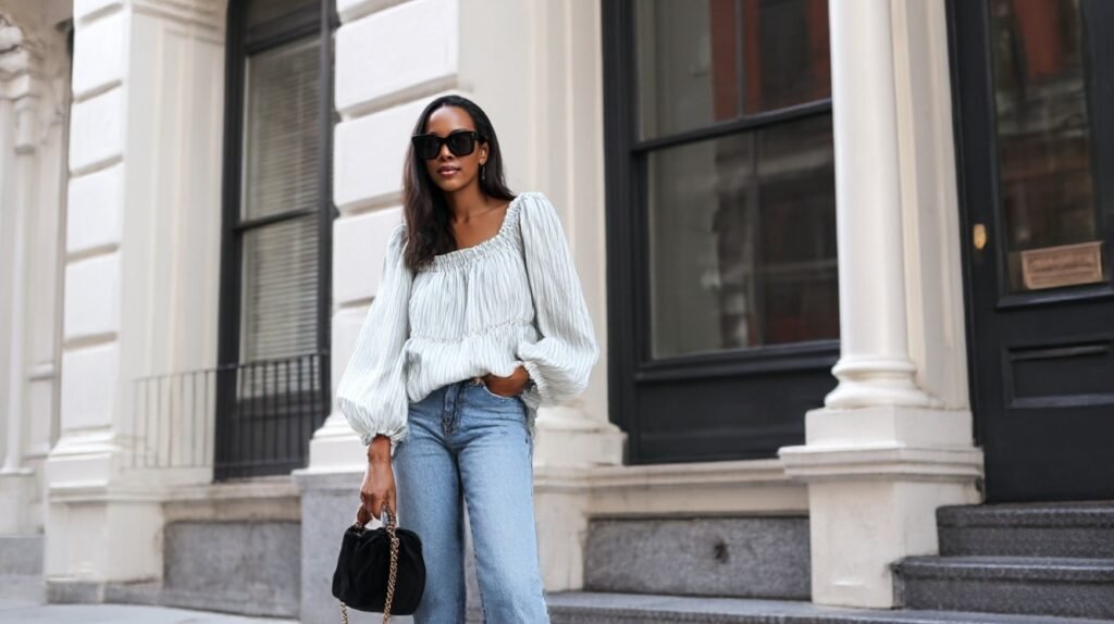 Babydoll blouse with balloon sleeves styled with jeans and handbag
