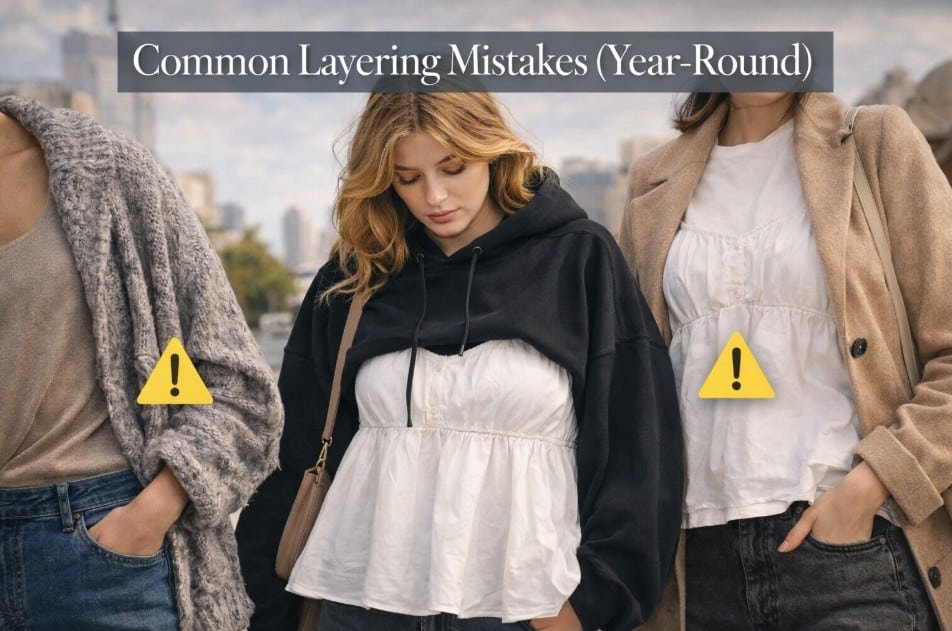 Layered babydoll top outfit showing common styling mistakes with bulky outerwear and proportion imbalance