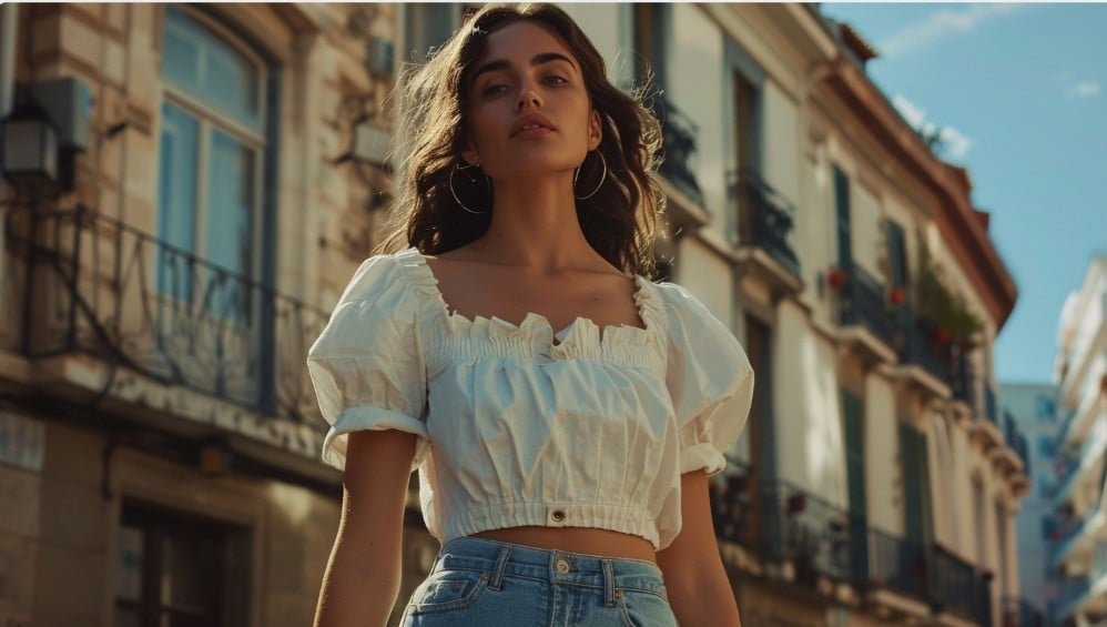 Woman wearing cropped babydoll top with elastic under-bust seam and puff sleeves styled with denim