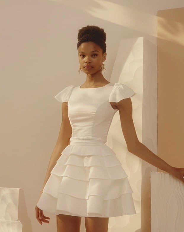 Model wearing empire waist dress with fitted bodice and controlled drape