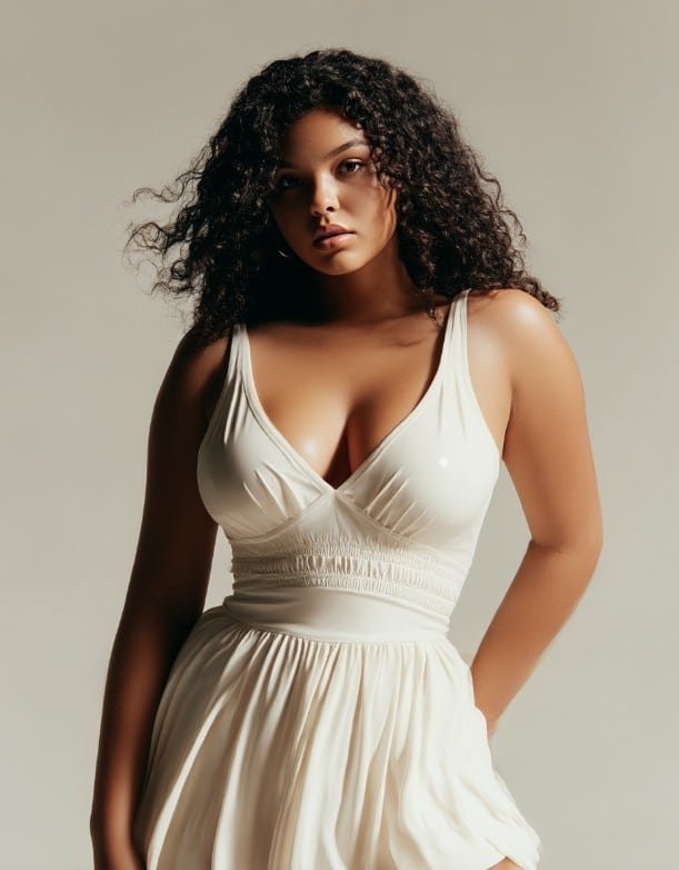 Curvy woman styling a flattering babydoll top with V-neckline