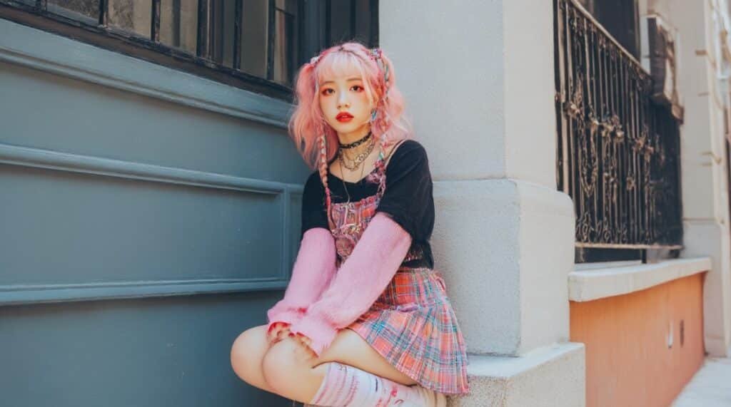 Gen Z babydoll top layered over long sleeves styled with plaid mini skirt