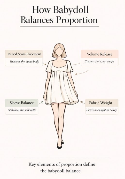 Diagram showing how babydoll dress silhouette affects body proportion and balance