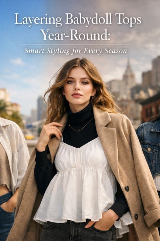 Layered babydoll top outfit styled for all seasons with coat and turtleneck fashion editorial look