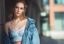 Model wearing layered babydoll top outfit styled for all seasons in fashion editorial look