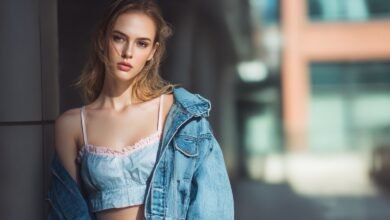 Model wearing layered babydoll top outfit styled for all seasons in fashion editorial look