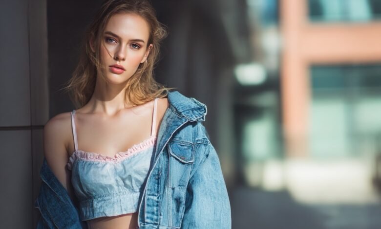 Model wearing layered babydoll top outfit styled for all seasons in fashion editorial look