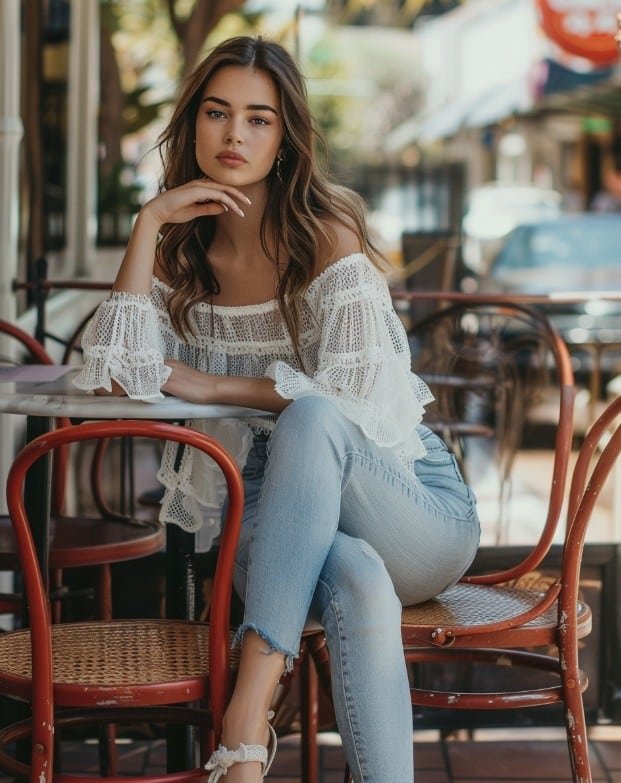 Luxury editorial babydoll top outfit with jeans and flats brunch styling