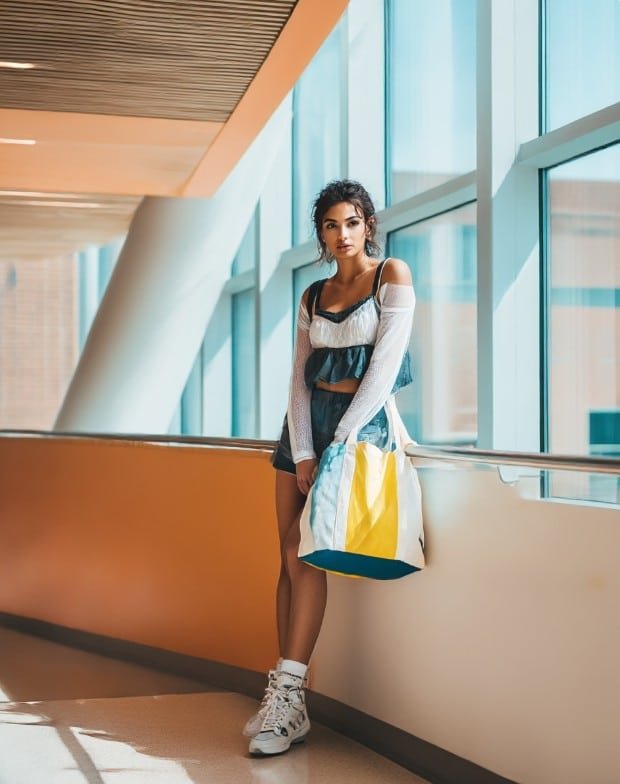 Luxury editorial layered babydoll top outfit sneakers tote campus style