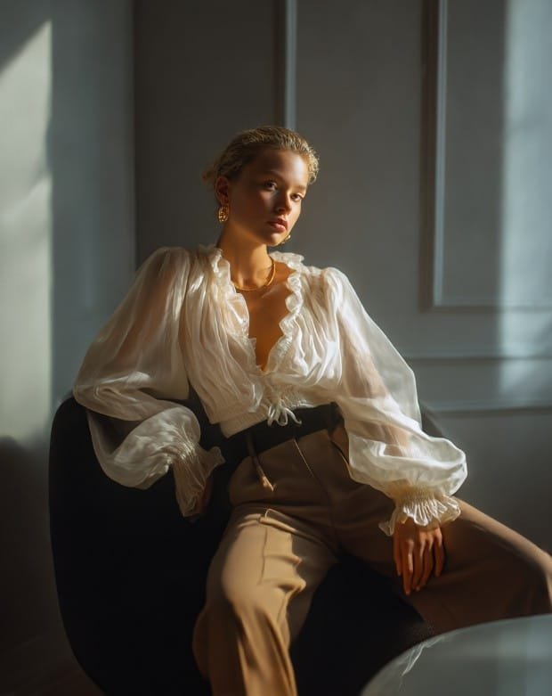 Luxury editorial babydoll blouse with tailored trousers smart casual outfit