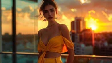 Luxury fashion editorial babydoll top outfit with wide-leg trousers