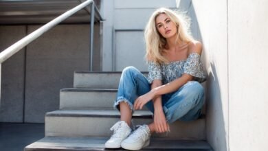 Luxury fashion editorial babydoll top outfit modern styling