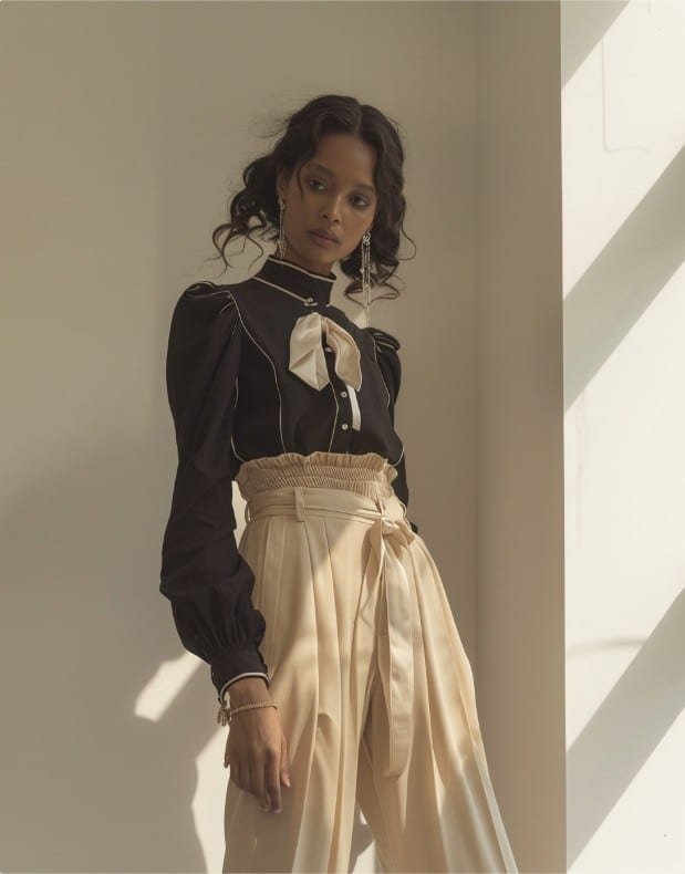 Babydoll blouse with tailored trousers luxury fashion photo