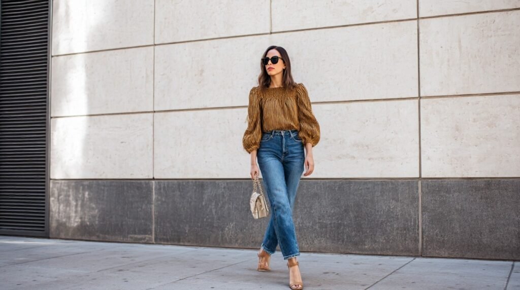 Neutral babydoll blouse styled with straight-leg jeans and handbag