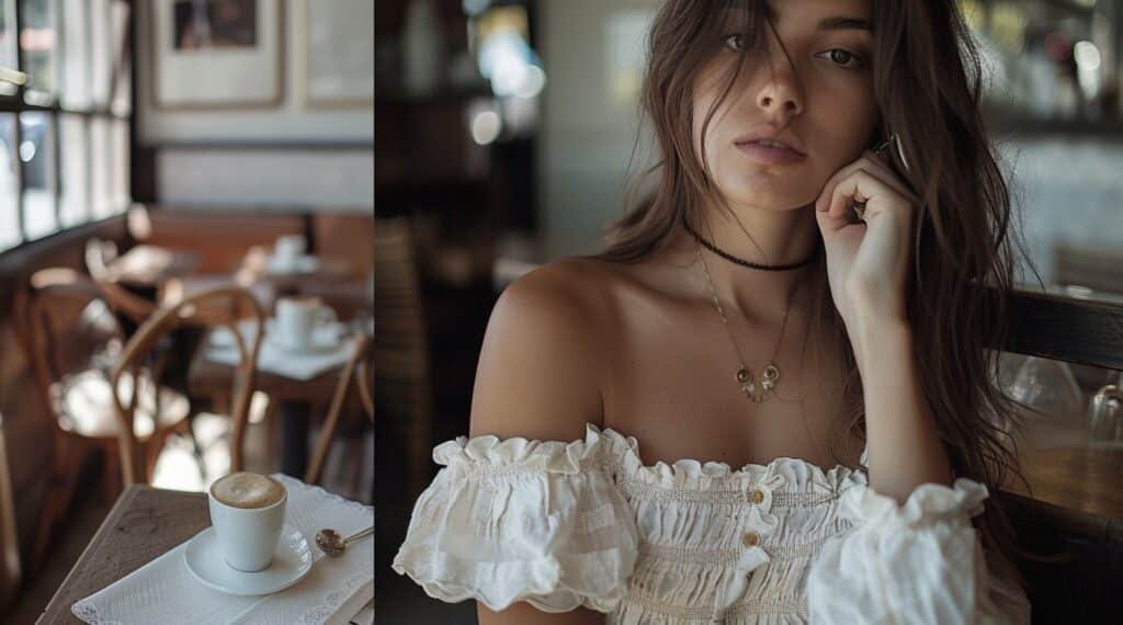 Off shoulder babydoll top styled for a casual cafe outfit