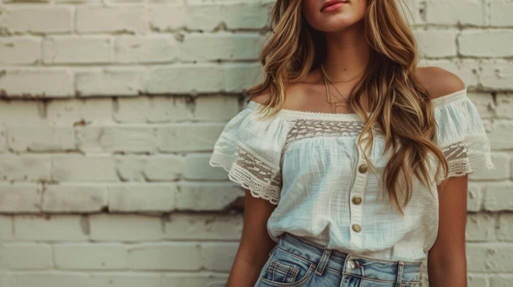 Off shoulder babydoll top with lace details styled for a casual outfit