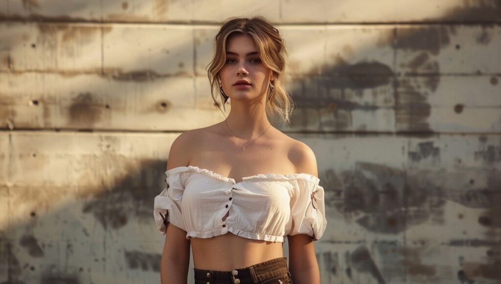 Off shoulder babydoll top with a cropped flowy silhouette styled in an urban setting
