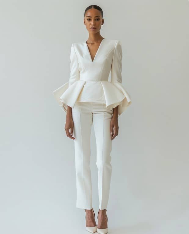 Woman wearing fitted peplum top with defined waist and tailored trousers