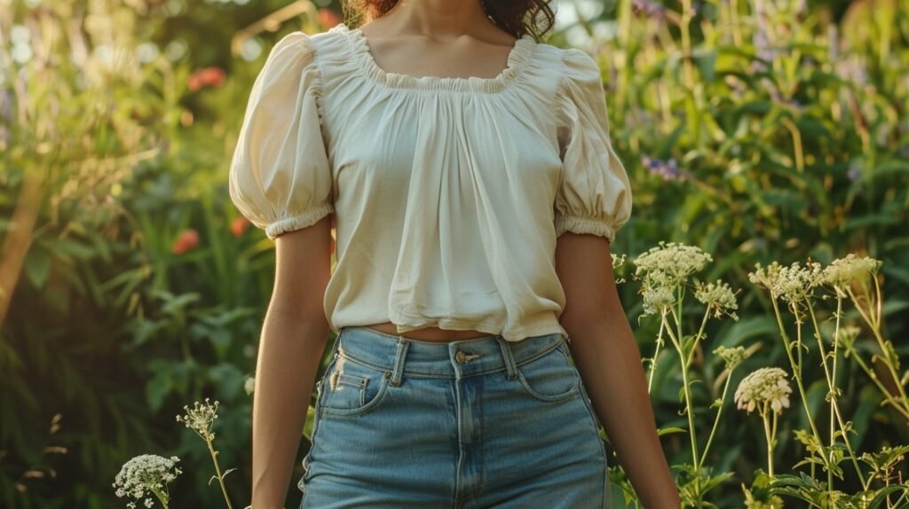 Babydoll top with puff sleeves styled with jeans in a natural outdoor setting