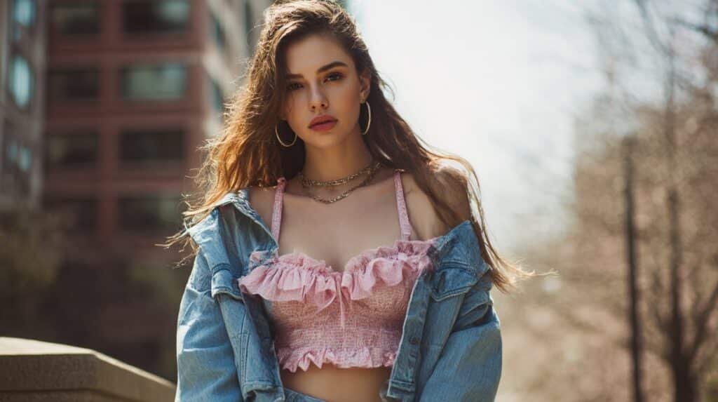 Model wearing babydoll top with cropped jacket in spring fashion editorial
