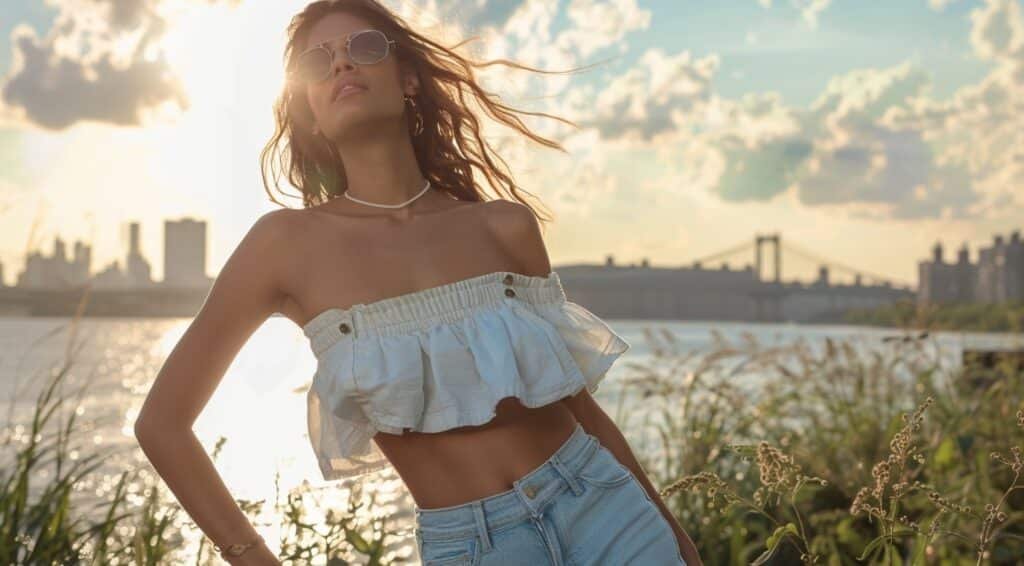 Strapless babydoll top styled with jeans in a summer waterfront setting