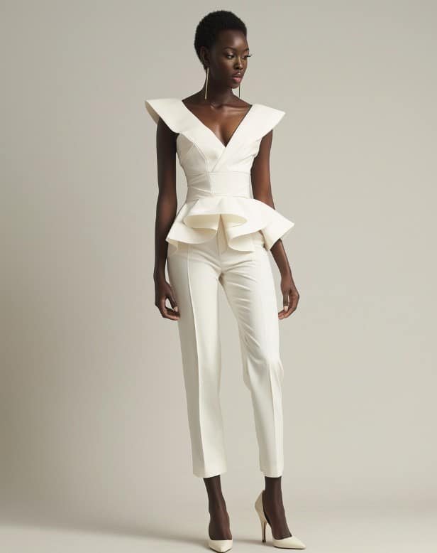 Model wearing a structured white peplum top with defined waist seam and architectural flare paired with tailored trousers