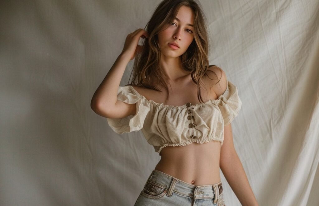 Different babydoll top style showing off shoulder cropped silhouette and soft feminine fabric in modern fashion styling