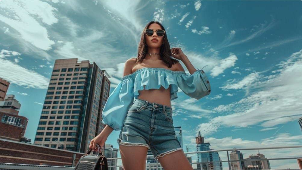 Babydoll top with empire waist seam and flared silhouette fashion editorial styling example