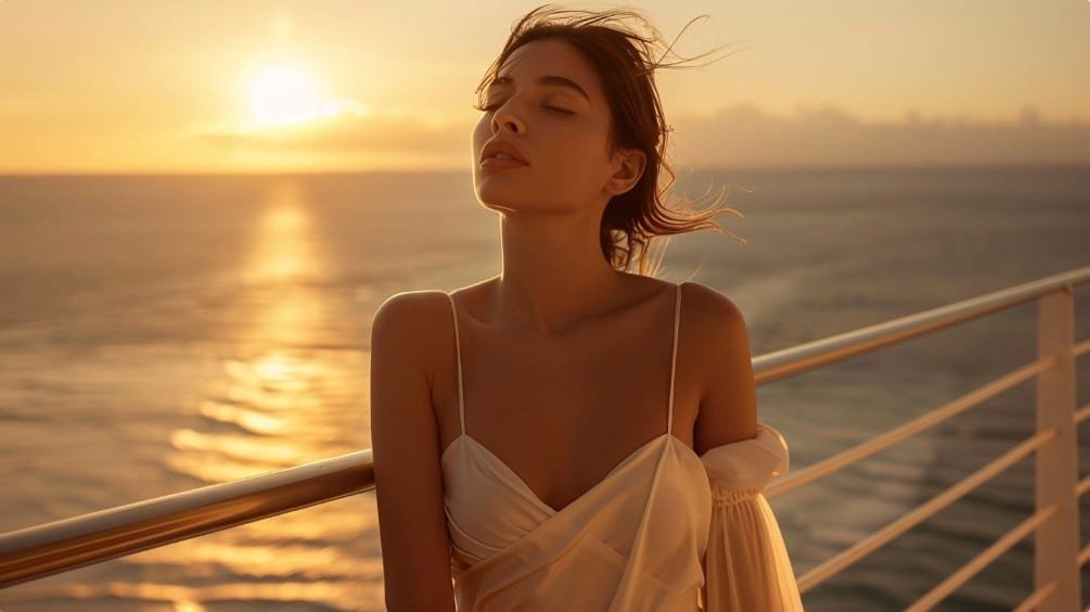 Flowing babydoll dress styled on ocean balcony at sunset