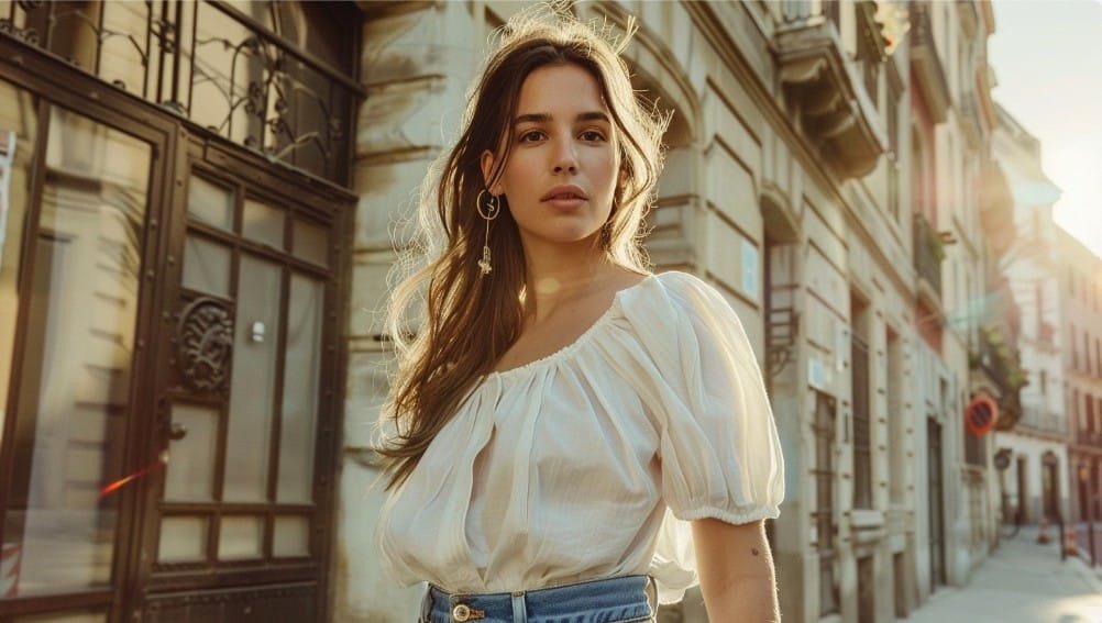 Woman wearing a soft white babydoll top with gathered neckline and puff sleeves styled with high-waisted jeans