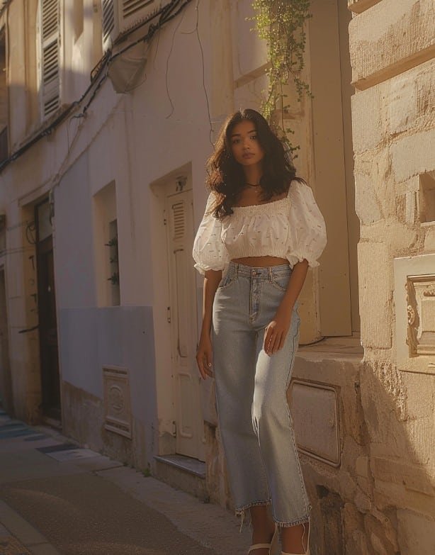 Soft white babydoll top styled casually with straight-leg jeans
