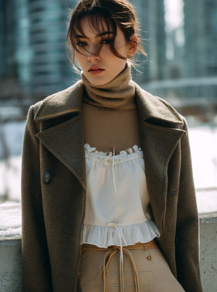 Babydoll top layered over turtleneck with structured coat