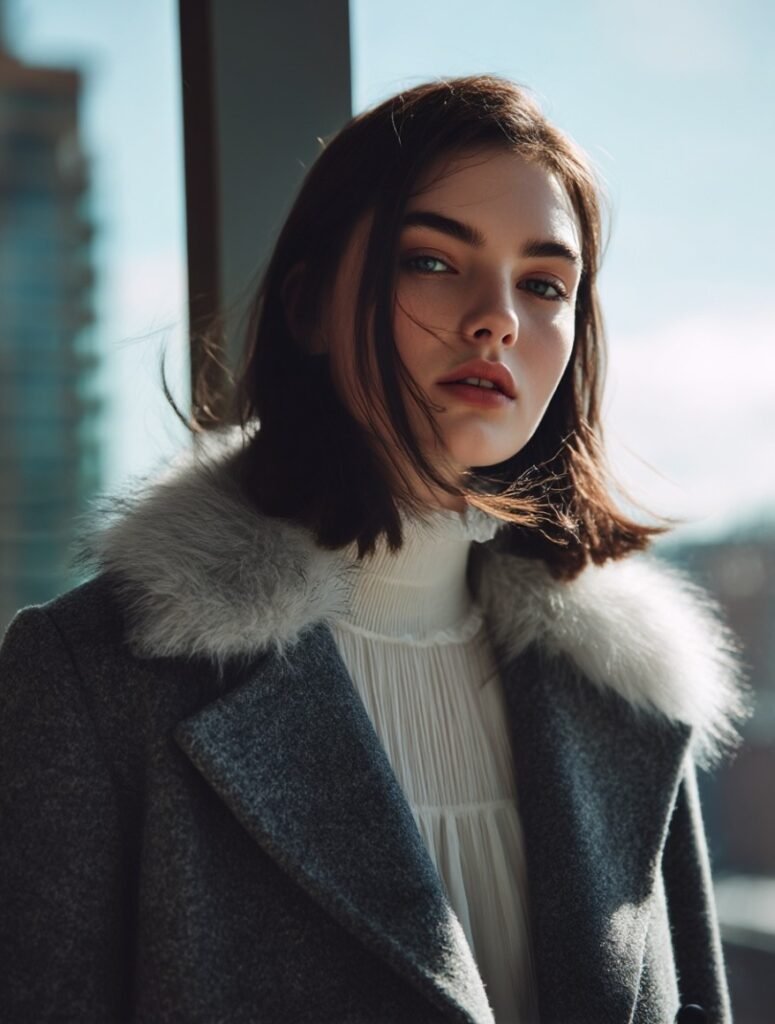 Model wearing layered babydoll top with structured winter coat and high-neck blouse fashion editorial portrait