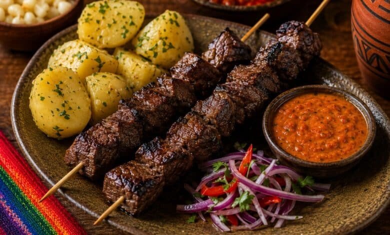 Bolivian anticucho de corazón with grilled beef heart, potatoes, spicy llajua and red onion