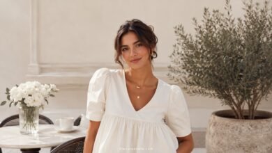 Woman wearing a white babydoll top in a fresh polished summer outfit
