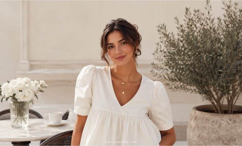 Woman wearing a white babydoll top in a fresh polished summer outfit